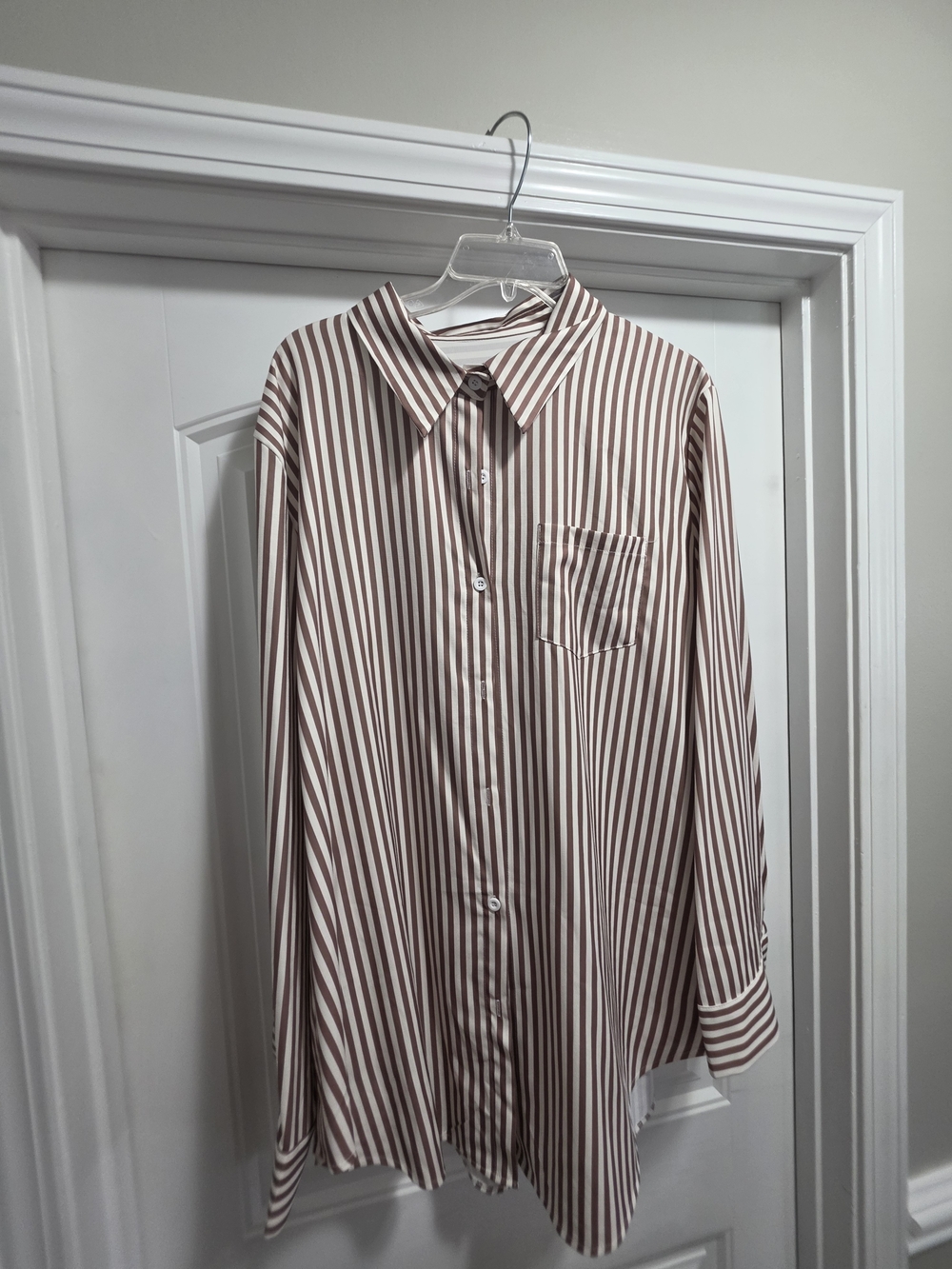 Women's Brown and White Striped Button-Up Shirt